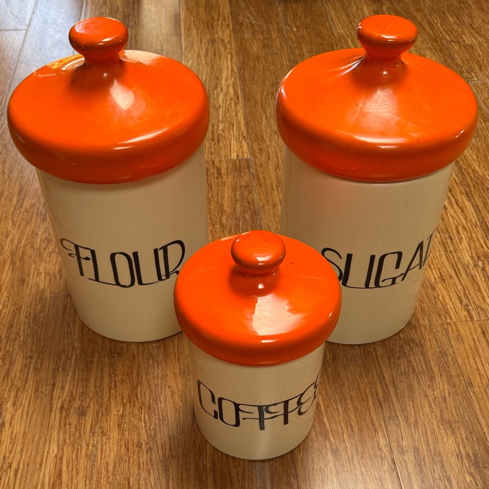 Vintage 1960’sOrange and Cream Ceramic Canister Set - Flour Sugar Coffee Storage
